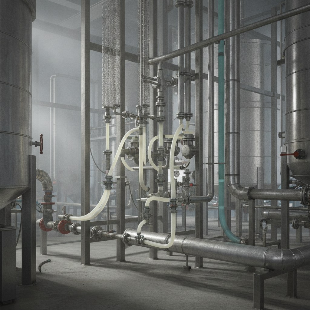 Real industrial website photography of chemical resistant PTFE tubing routed in chemical process equipment, no text, no logos, no watermark