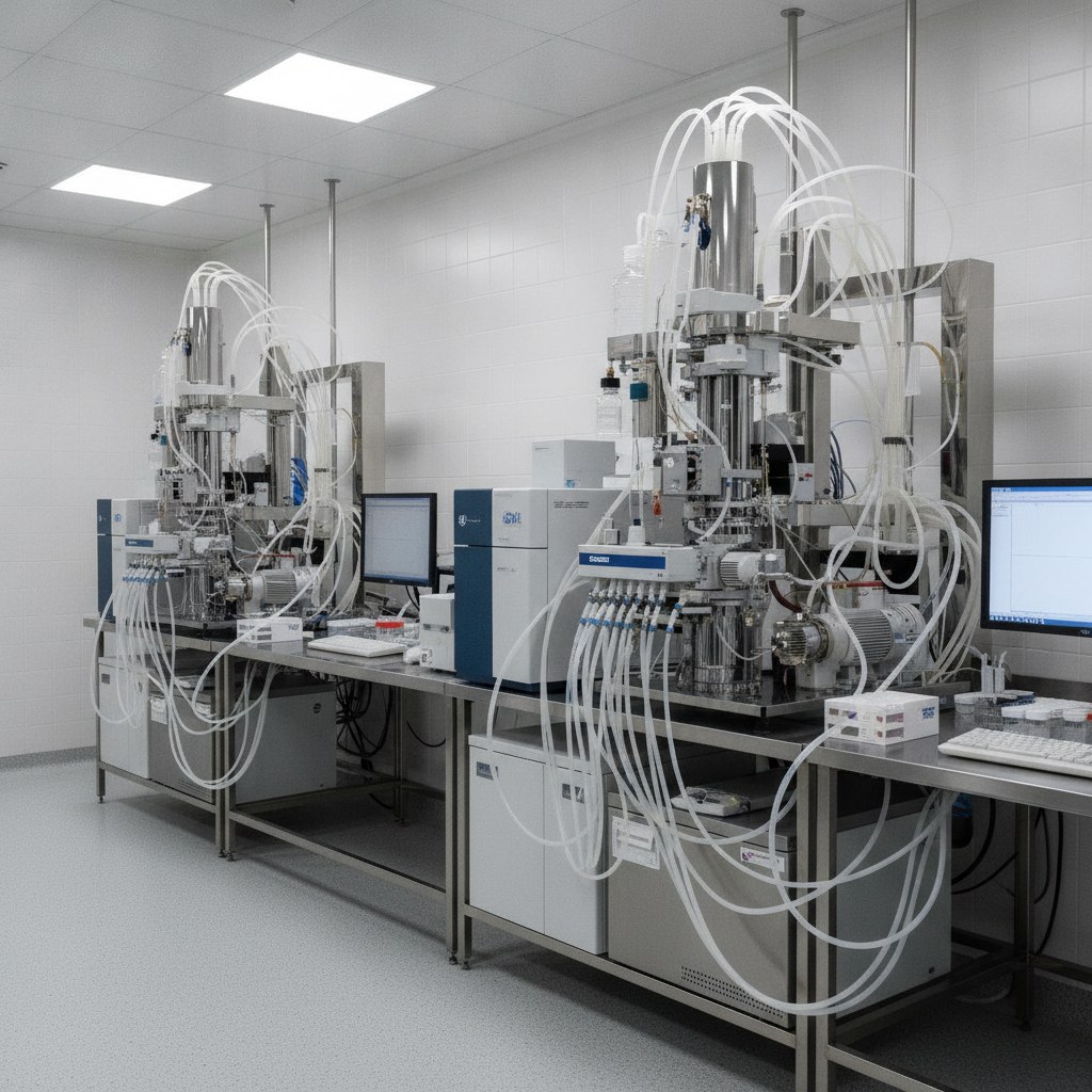 Real industrial website photography of chemical resistant PTFE tubing routed inside laboratory analytical equipment, no text, no logos, no watermark