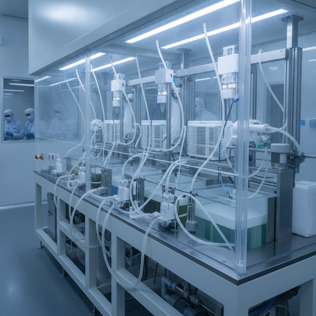 Real industrial website photography of chemical resistant PTFE tubing in semiconductor wet process equipment, no text, no logos, no watermark
