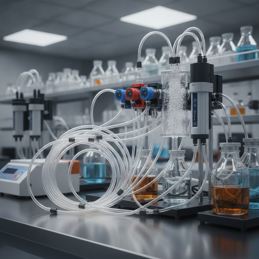 Photorealistic industrial website image for chemical delivery pfa tubing: small PFA reagent delivery tubes connected to laboratory dosing equipment, no text, no logo, no watermark