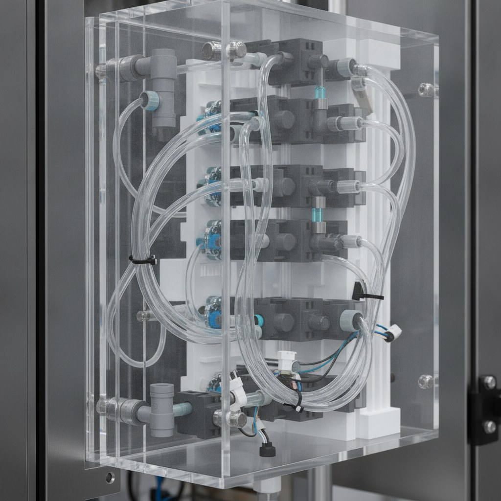 Photorealistic industrial website image for chemical delivery pfa tubing: PFA chemical tubing routed inside a semiconductor wet process tool fluid module, no text, no logo, no watermark