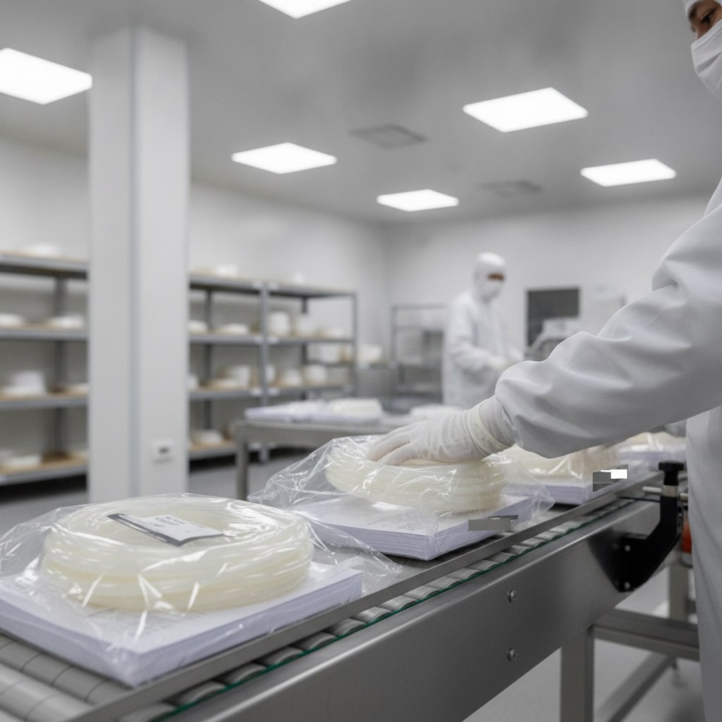 Photorealistic industrial website image for chemical delivery pfa tubing: clean bagging of PFA tubing coils with lot documentation packet, no readable text, no logo, no watermark