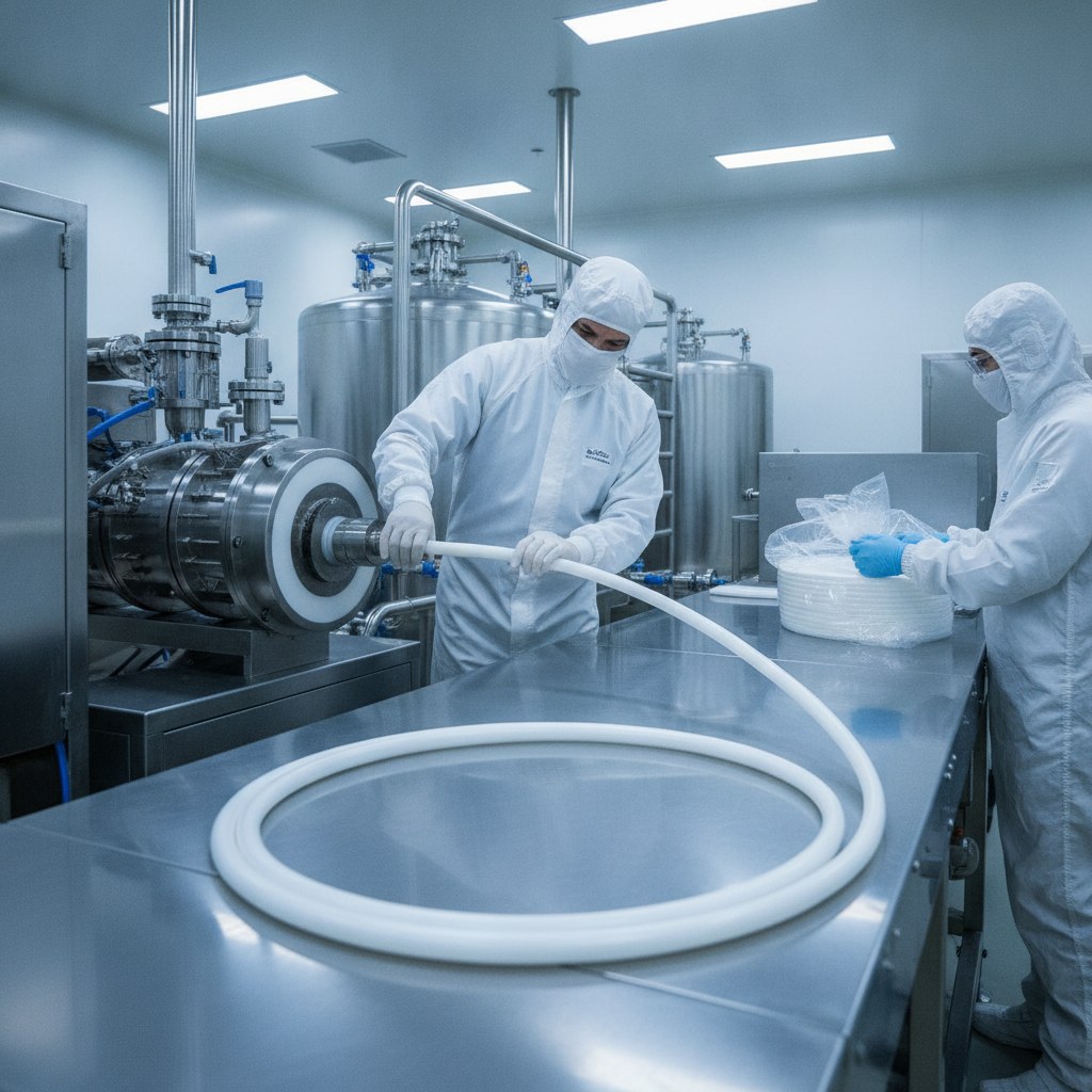 Photorealistic industrial website image for chemical delivery pfa tubing: clean extrusion and careful handling of PFA tubing for high purity chemical lines, no text, no logo, no watermark