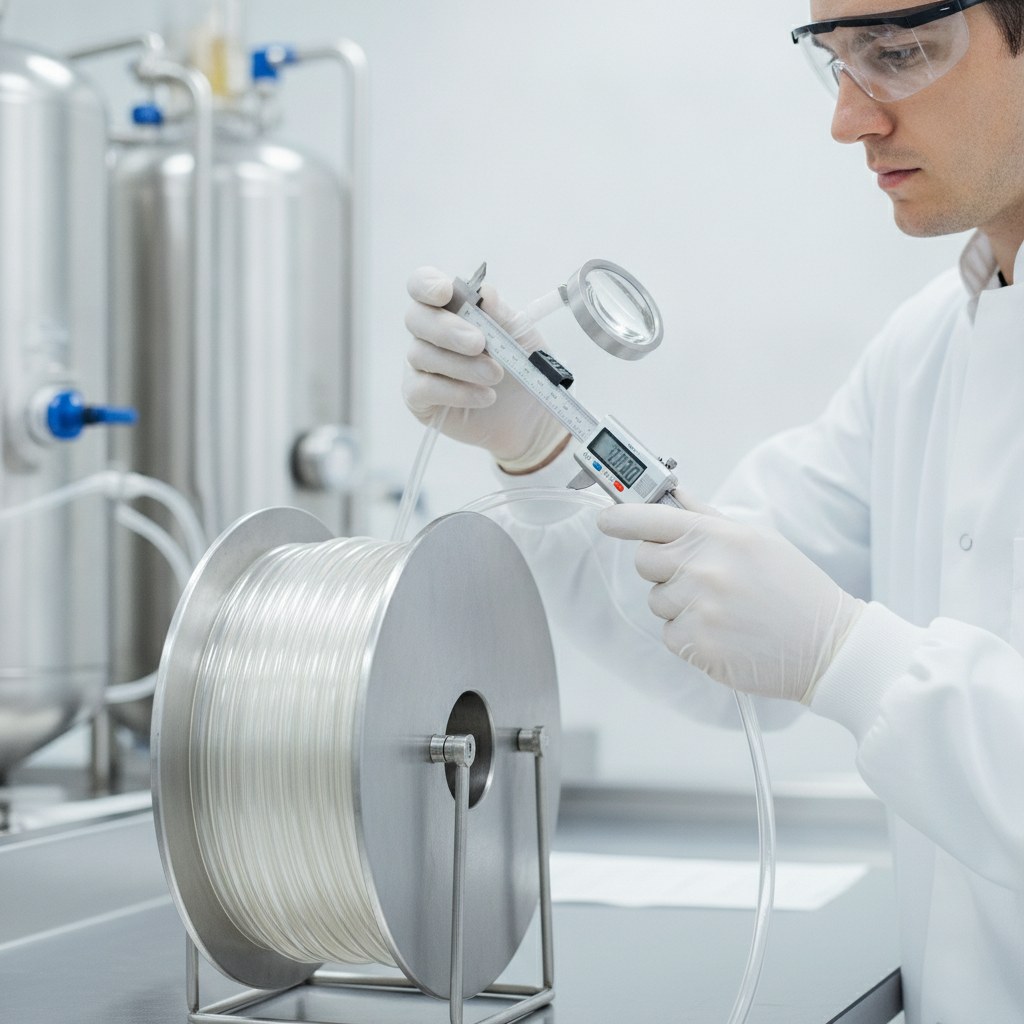 Photorealistic industrial website image for chemical delivery pfa tubing: technician inspecting PFA tubing dimensions and surface quality with clean measuring tools, no text, no logo, no watermark