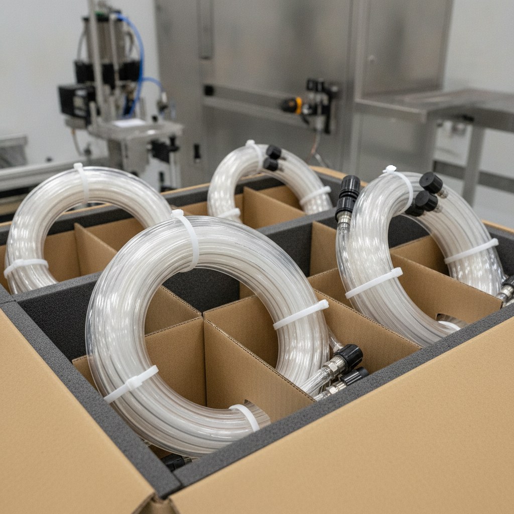 Photorealistic industrial website image for chemical delivery pfa tubing: neatly coiled PFA chemical delivery lines packed for equipment assembly, no text, no logo, no watermark