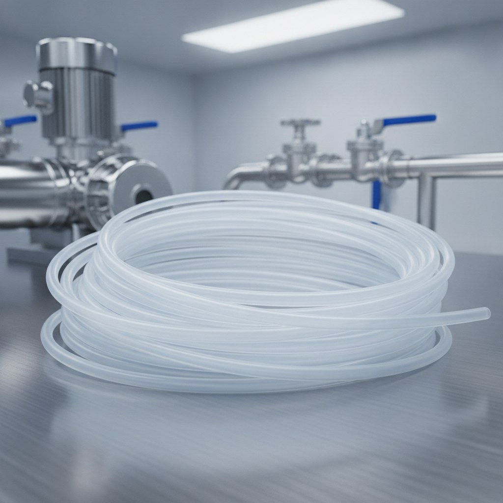 Photorealistic industrial website image for chemical delivery pfa tubing: smooth bore translucent PFA tubing coils for corrosive chemical transfer, clean product photography, no text, no logo, no watermark