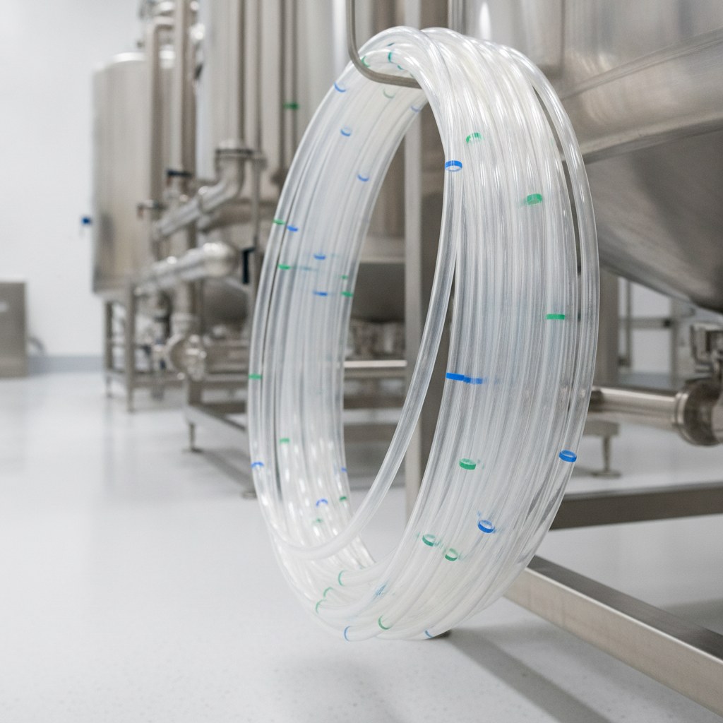 Photorealistic industrial website image for chemical delivery pfa tubing: translucent PFA tubing with subtle color traceability bands in a clean industrial setting, no readable text, no logo, no watermark