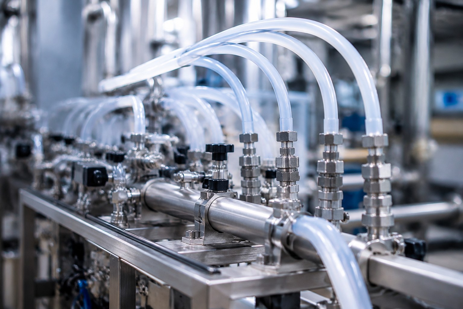 Photorealistic industrial website image for chemical processing tubing: chemical processing fluid line with fluoropolymer tubing in a clean industrial skid, no text, no logo, no watermark