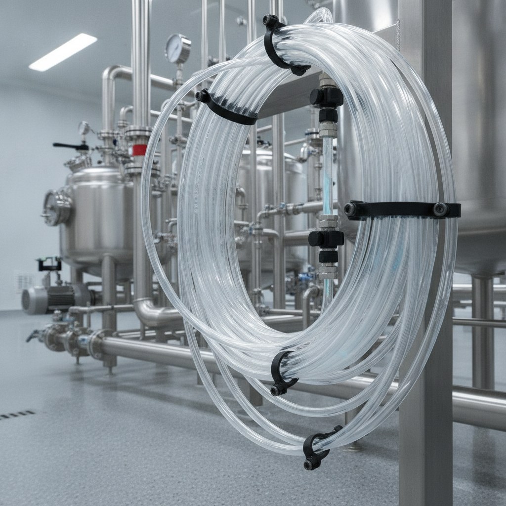 Real industrial website photography of clear FEP tubing for chemical transfer line routing, no text, no logos, no watermark