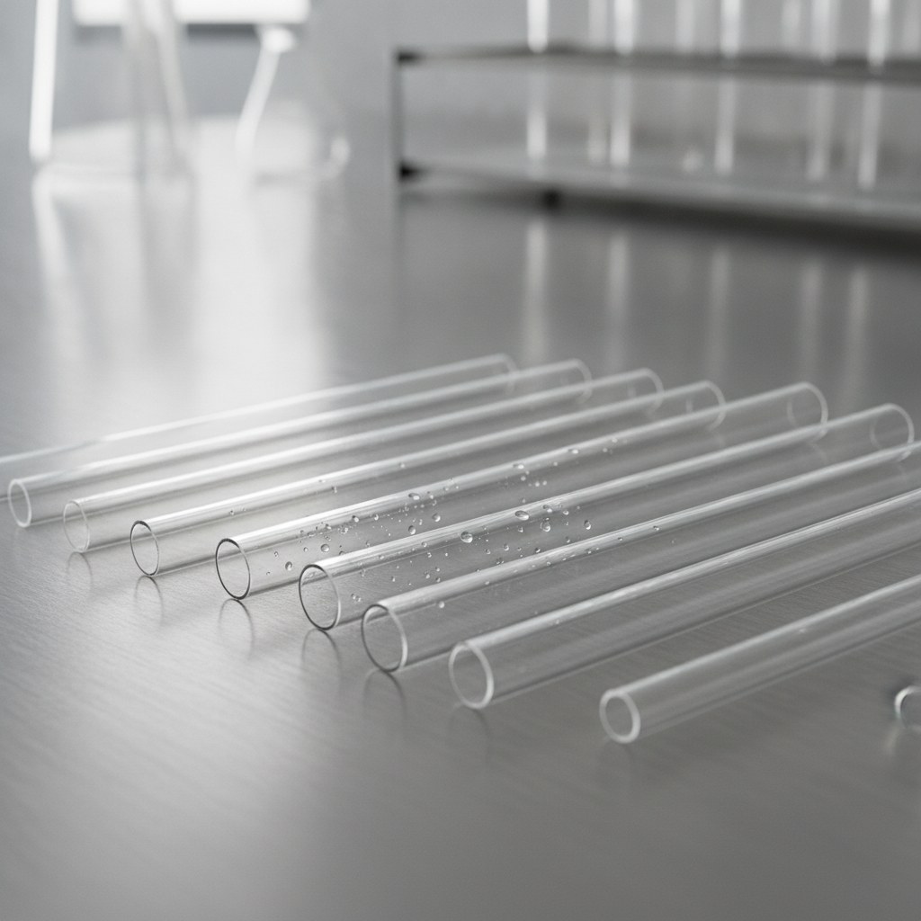 Real industrial website photography of clear FEP tubing samples for transparency and material review, no text, no logos, no watermark