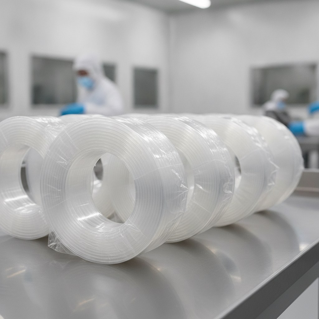 Real industrial website photography of clean packed clear FEP tubing for controlled assembly, no text, no logos, no watermark
