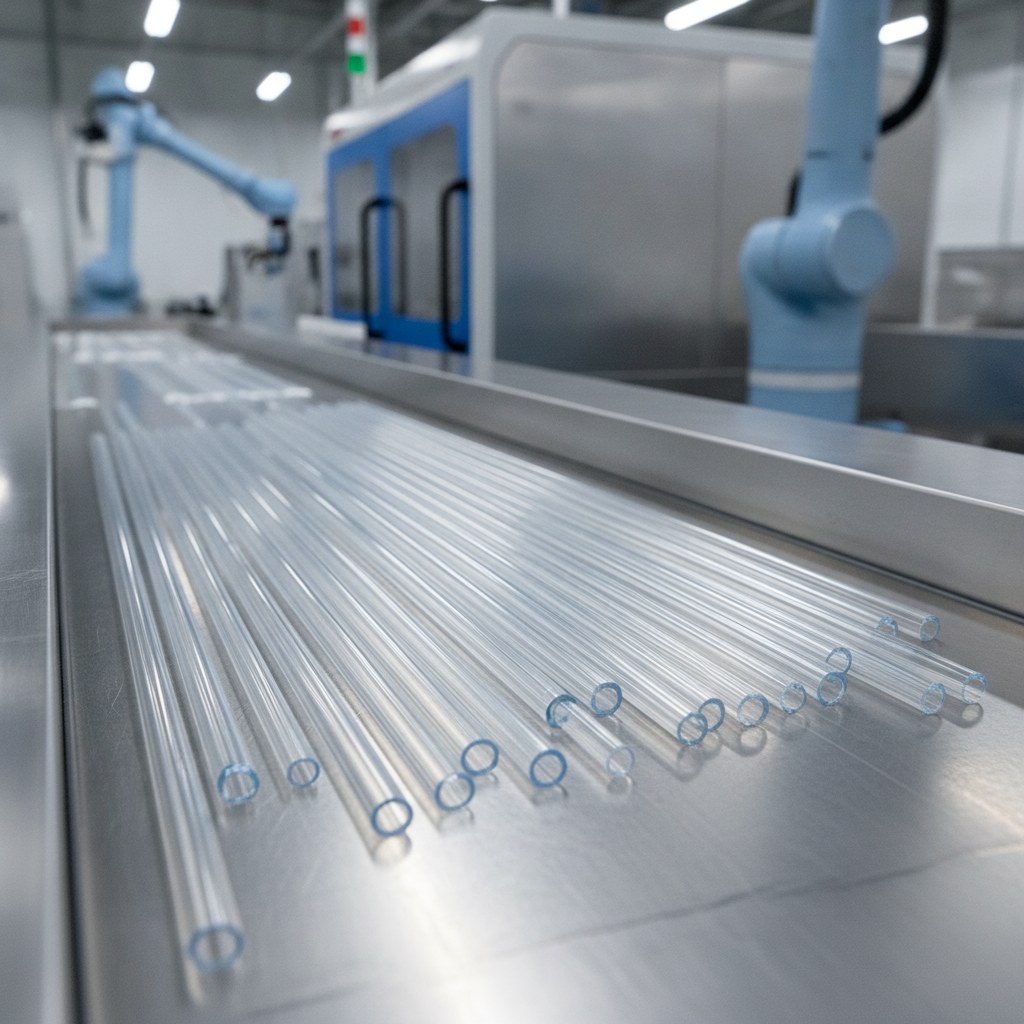 Real industrial website photography of cut to length clear FEP tubing for OEM assembly, no text, no logos, no watermark