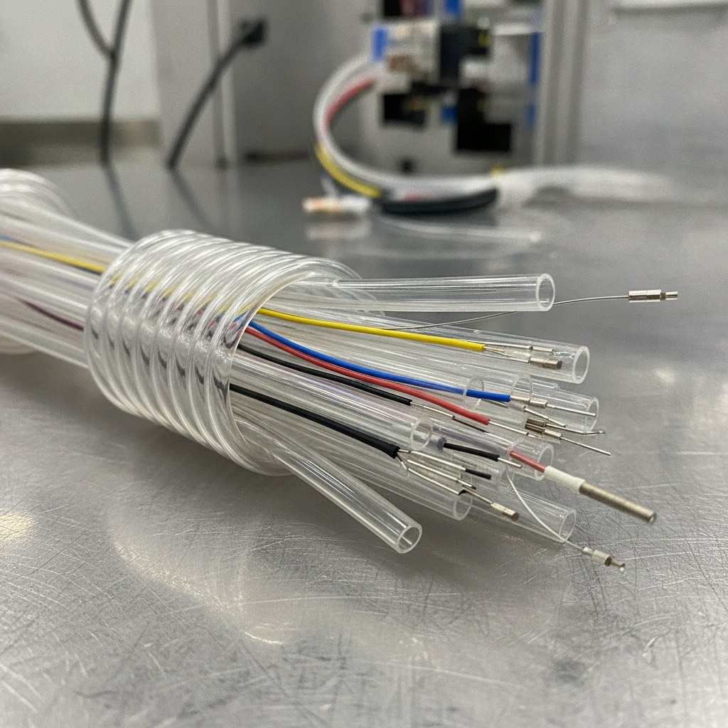 Real industrial website photography of clear FEP tubing for wire cable and sensor protection, no text, no logos, no watermark