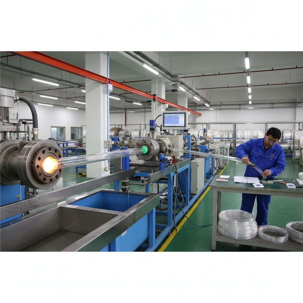 Real industrial website photography of clear FEP tubing extrusion and dimensional inspection, no text, no logos, no watermark