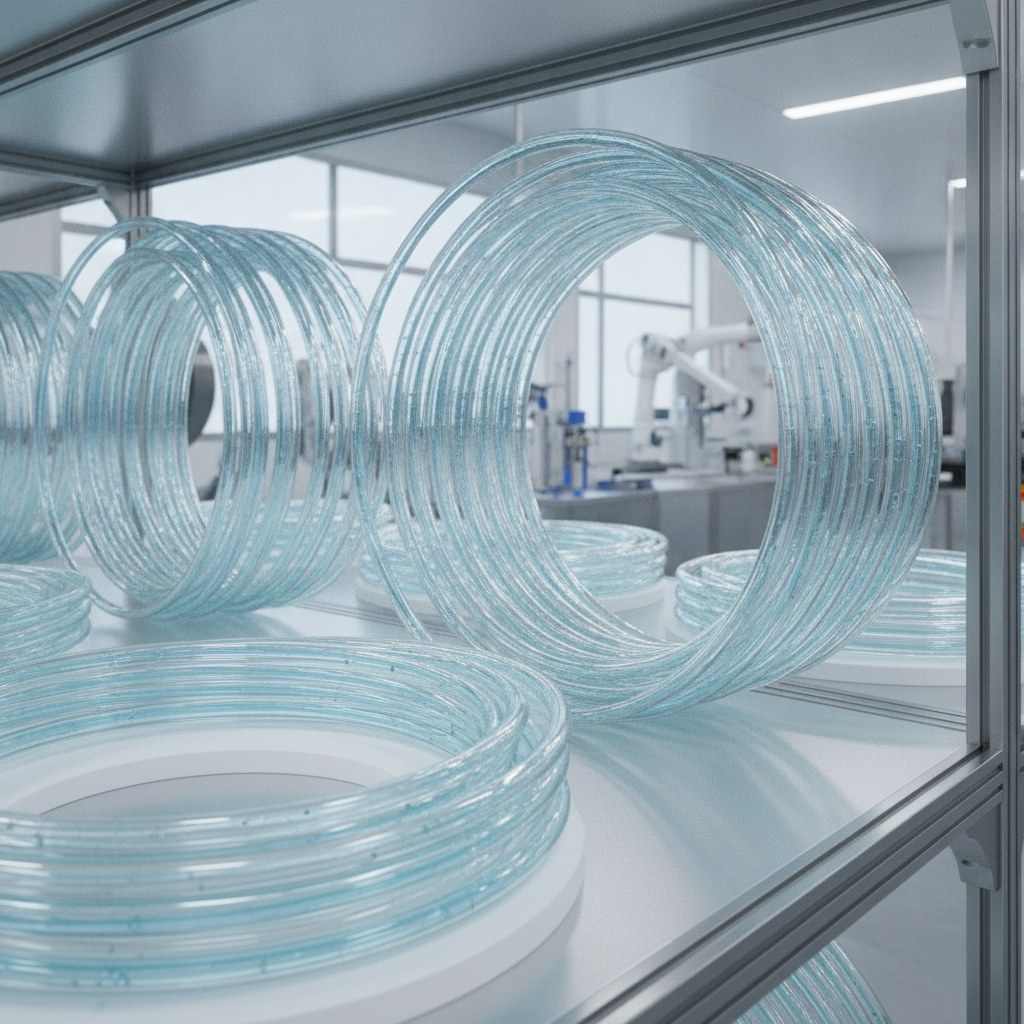 Real industrial website photography of clear FEP tubing coils for visible fluid paths, no text, no logos, no watermark