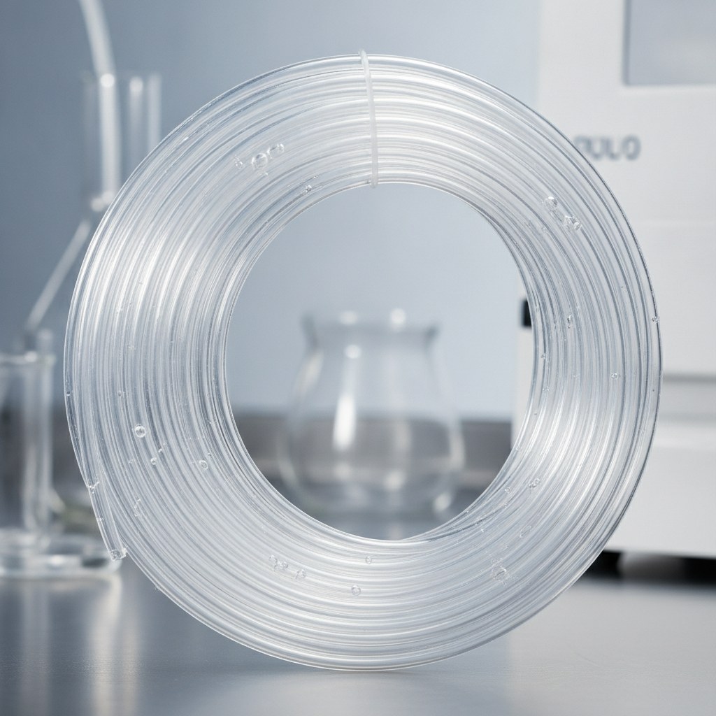 Real industrial website photography of clear FEP tubing for laboratory fluid paths, no text, no logos, no watermark