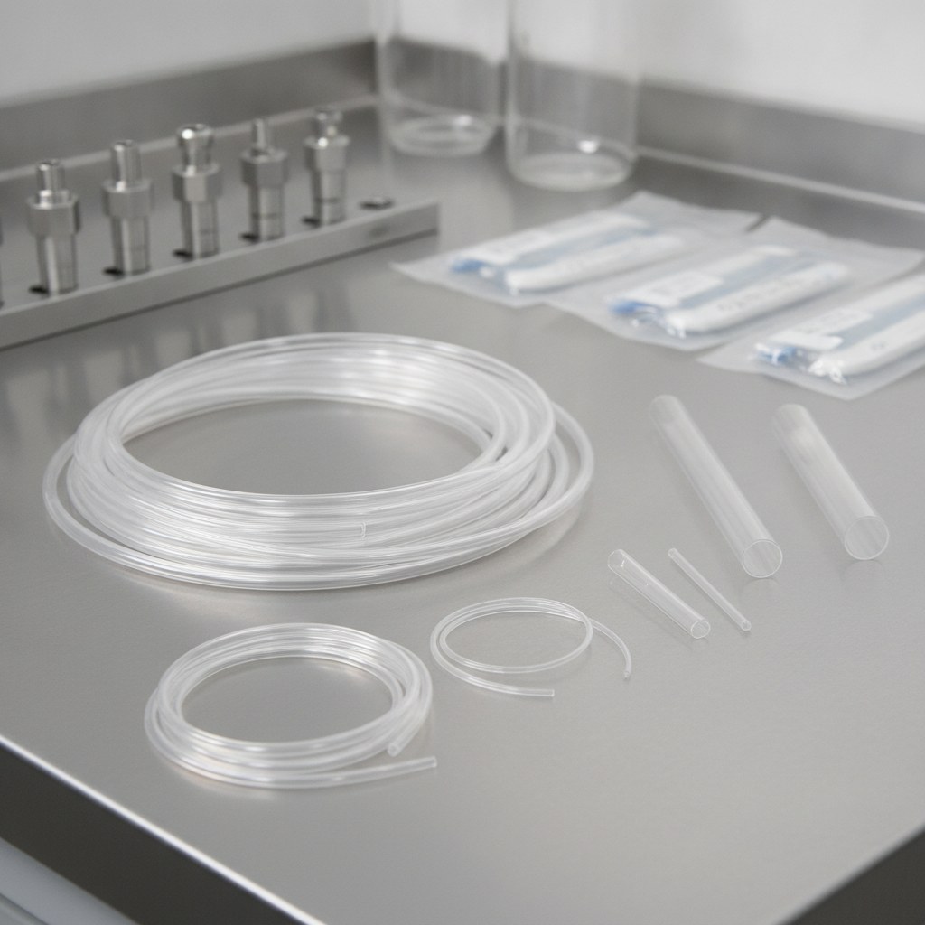 Real industrial website photography of clear FEP tubing for medical device and pharmaceutical assembly samples, no text, no logos, no watermark