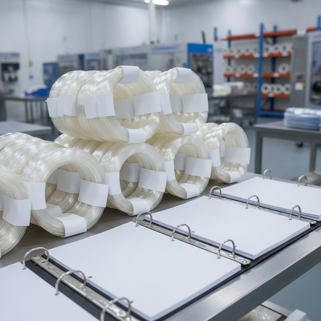 Real industrial website photography of clear FEP tubing packing labels and batch records, no text, no logos, no watermark