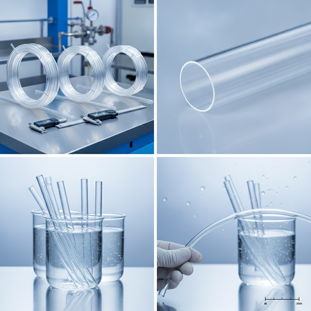 Real industrial website photography of clear FEP tubing specification and clarity review with samples, no text, no logos, no watermark