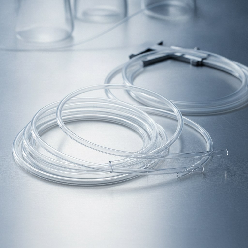 Real industrial website photography of thin wall clear FEP tubing samples, no text, no logos, no watermark