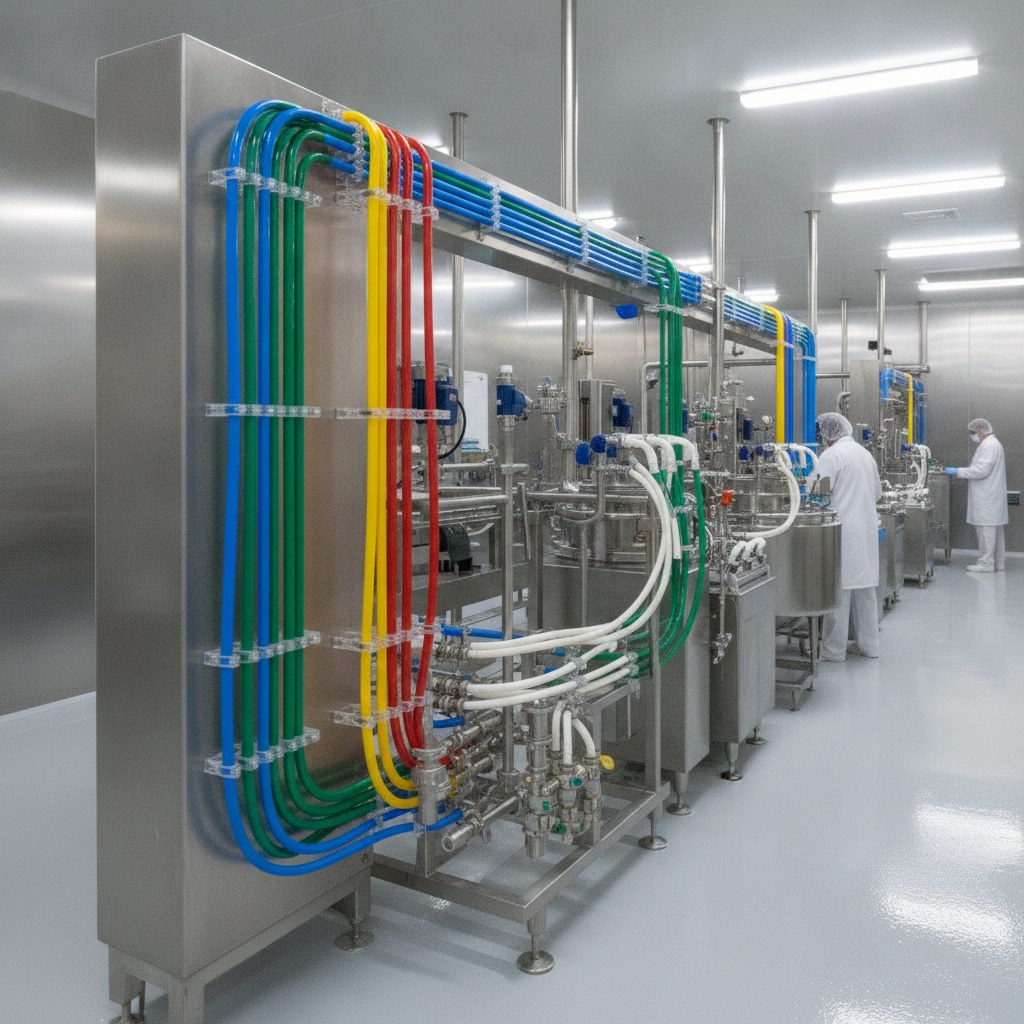 Photorealistic industrial website image for colored PTFE tubing: colored PTFE tubing in food processing for different media, no text, no logo, no watermark