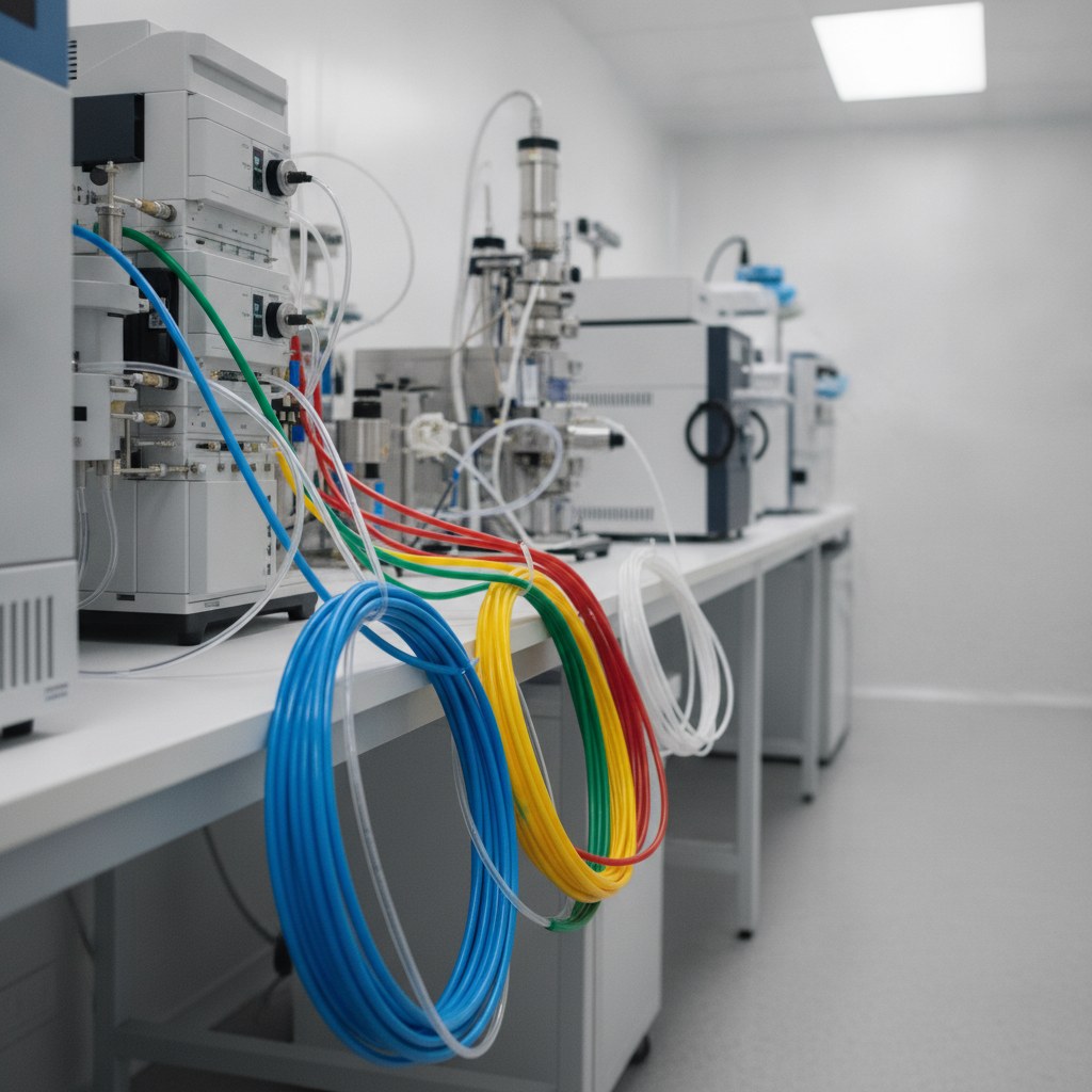 Photorealistic industrial website image for colored PTFE tubing: color coded PTFE tubing for analytical instrument fluid identification, no text, no logo, no watermark