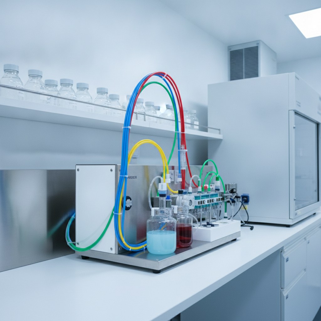 Photorealistic industrial website image for colored PTFE tubing: medical diagnostic equipment using color coded PTFE tubing, no text, no logo, no watermark