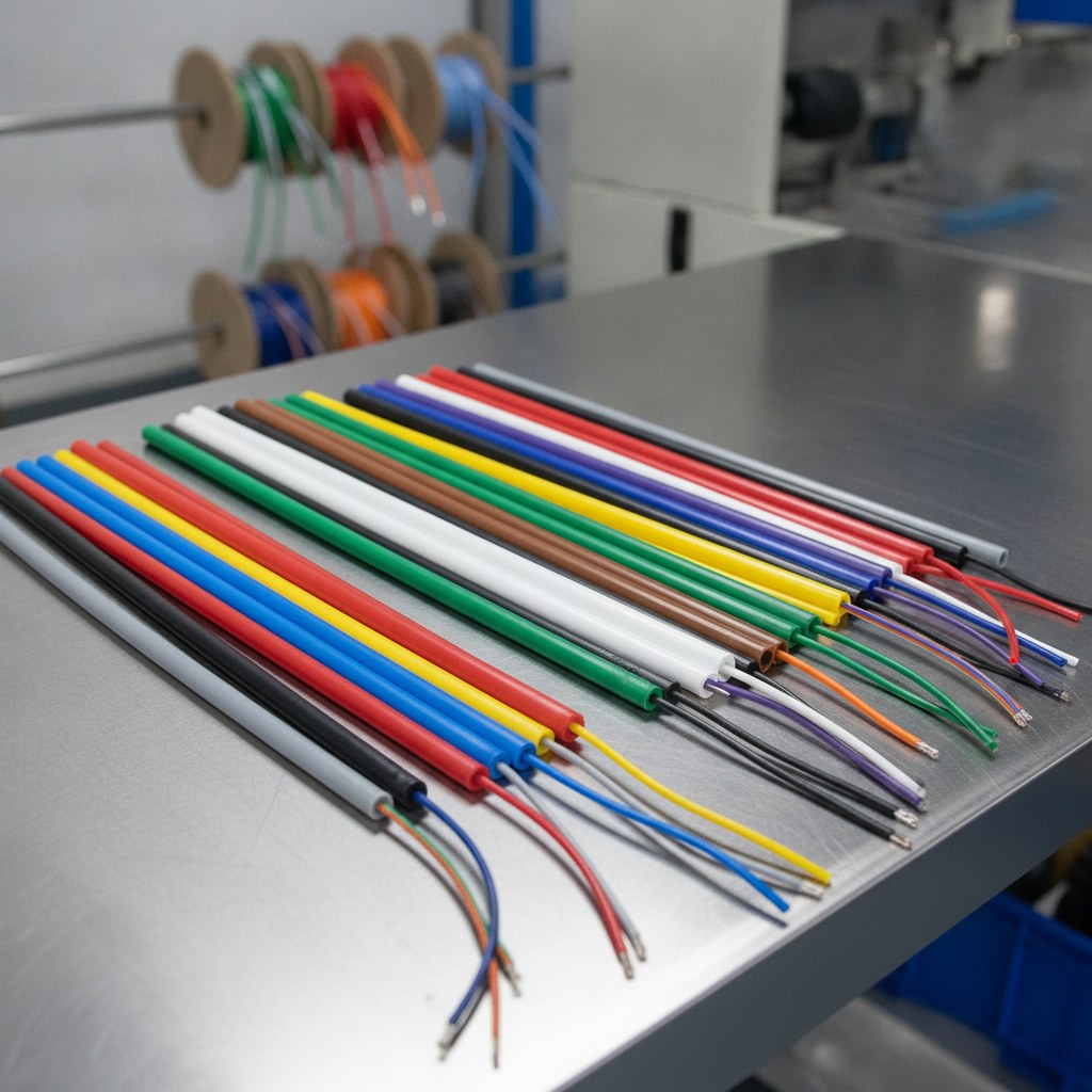Photorealistic industrial website image for colored PTFE tubing: colored PTFE tubing used for OEM assembly wire harness identification, no text, no logo, no watermark
