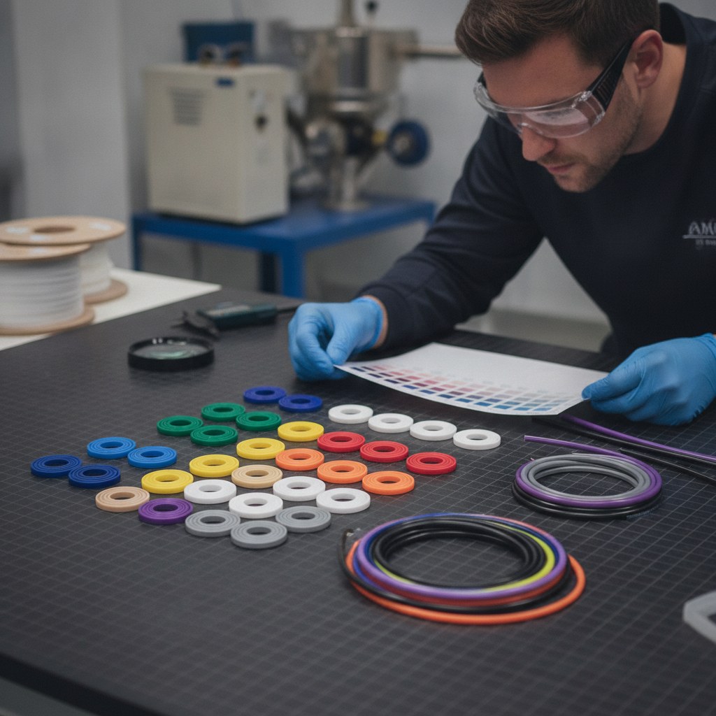 Photorealistic industrial website image for colored PTFE tubing: color chip and sample review for colored PTFE tubing production, no text, no logo, no watermark