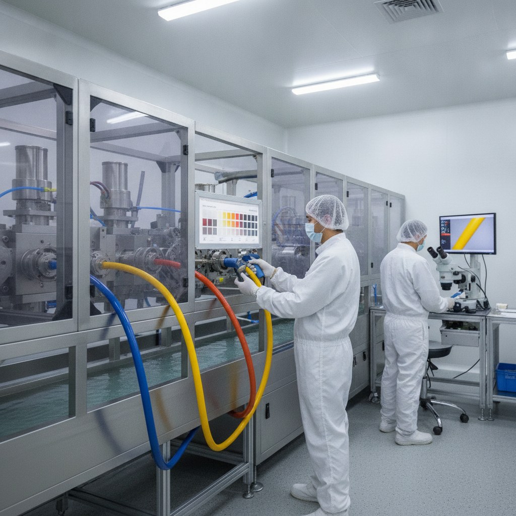 Photorealistic industrial website image for colored PTFE tubing: extrusion and color consistency inspection for colored PTFE tubing, no text, no logo, no watermark