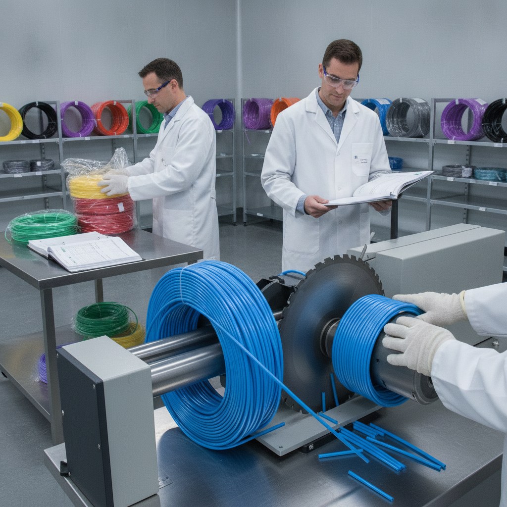 Photorealistic industrial website image for colored PTFE tubing: cutting packing and batch records for colored PTFE tubing, no text, no logo, no watermark