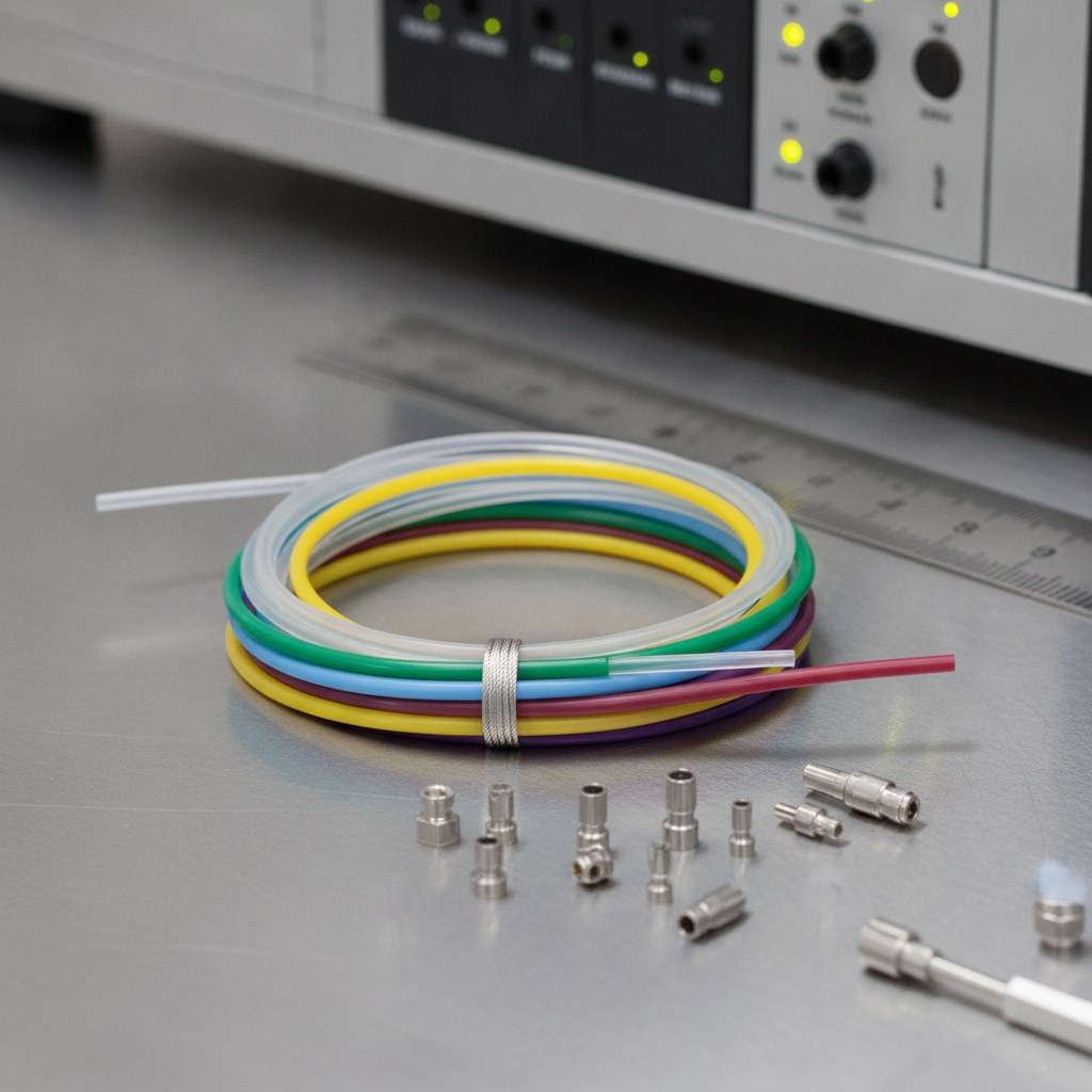 Photorealistic industrial website image for colored PTFE tubing: small ID colored PTFE capillary tubing for instruments, no text, no logo, no watermark