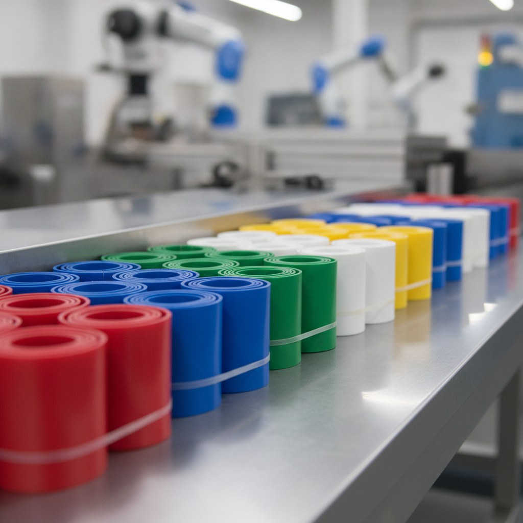 Photorealistic industrial website image for colored PTFE tubing: cut to length colored PTFE sleeves packed by color, no text, no logo, no watermark