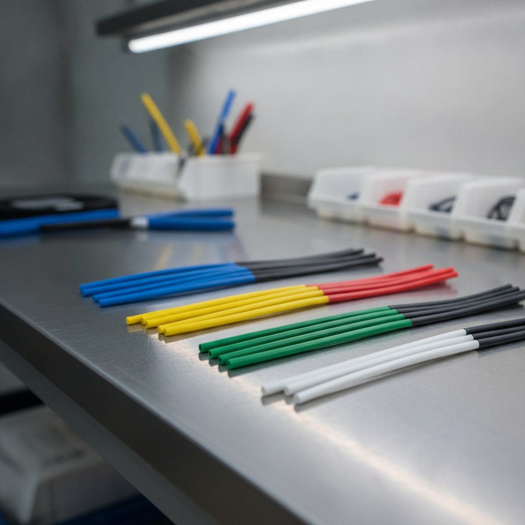 Photorealistic industrial website image for colored PTFE tubing: thin wall colored PTFE tubing for identification sleeving, no text, no logo, no watermark