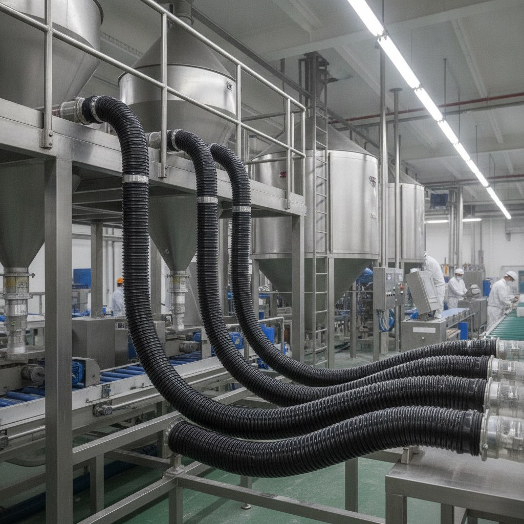 Real industrial website photography of conductive PTFE tubing used near powder transfer equipment in a clean plant, no text, no logos, no watermark