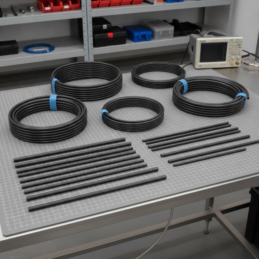 Real industrial website photography of black conductive PTFE tubing coils and cut samples on a clean technical bench, no text, no logos, no watermark