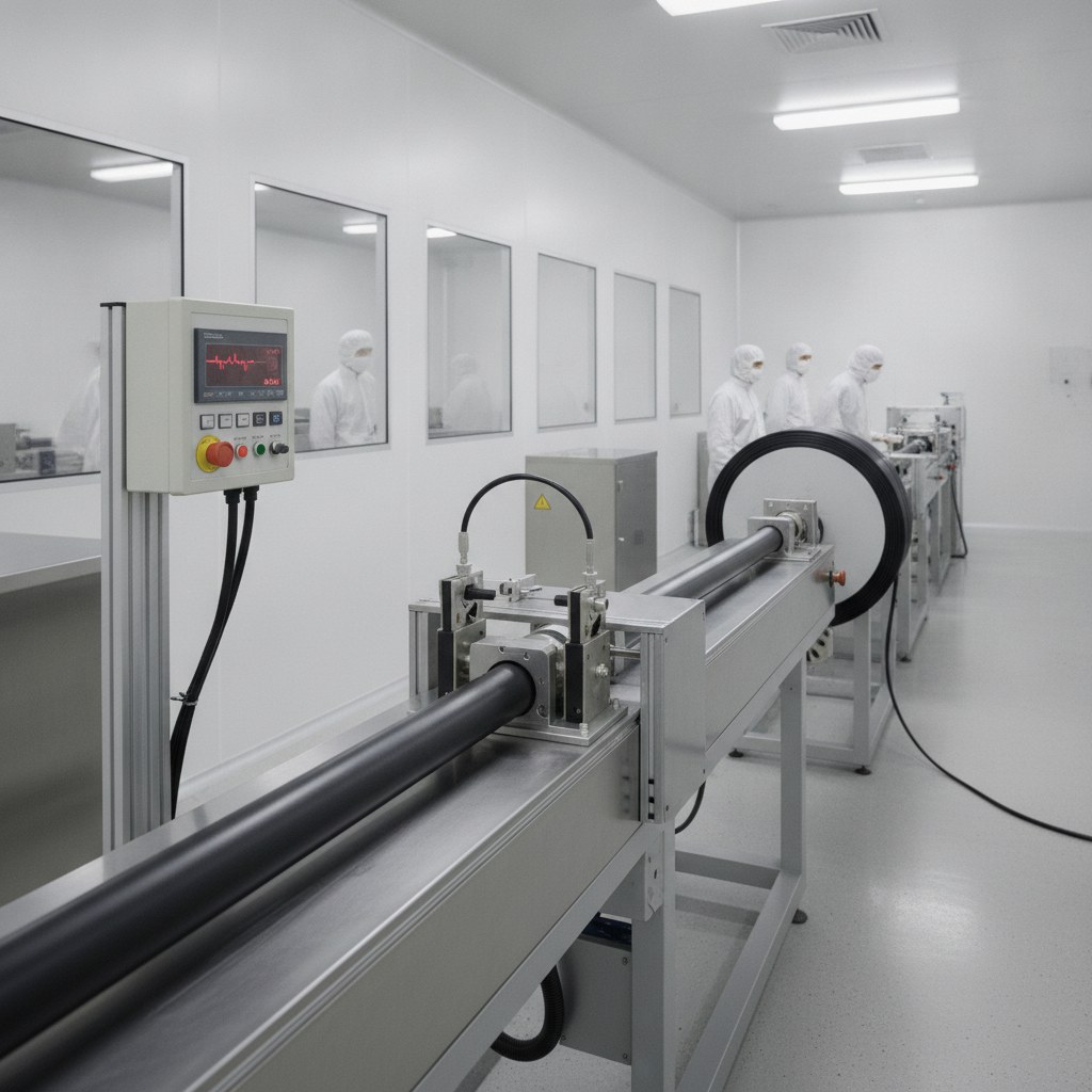 Real industrial website photography of conductive PTFE tubing extrusion and conductivity testing in a clean workshop, no text, no logos, no watermark