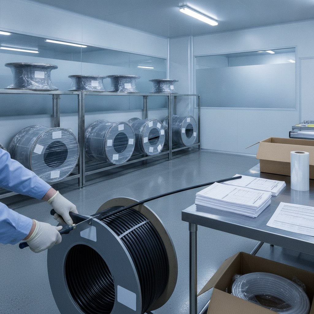 Real industrial website photography of packing and batch records for conductive PTFE tubing orders, no text, no logos, no watermark