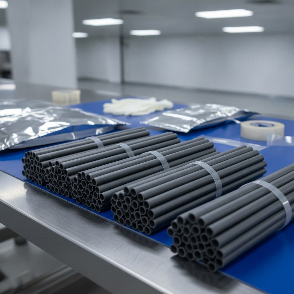 Real industrial website photography of cut to length black conductive PTFE sleeves packed for OEM assembly, no text, no logos, no watermark