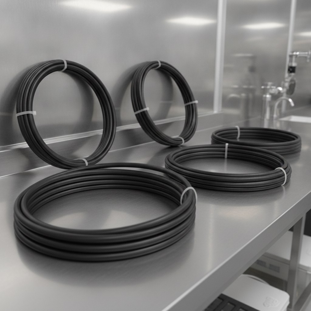 Real industrial website photography of standard black conductive PTFE tubing coils arranged for supply inspection, no text, no logos, no watermark