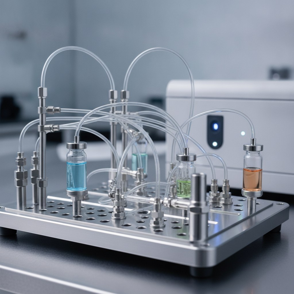 Photorealistic industrial website image for custom etfe tubing: analytical instrument flow lines using custom ETFE tubing, no text, no logo, no watermark