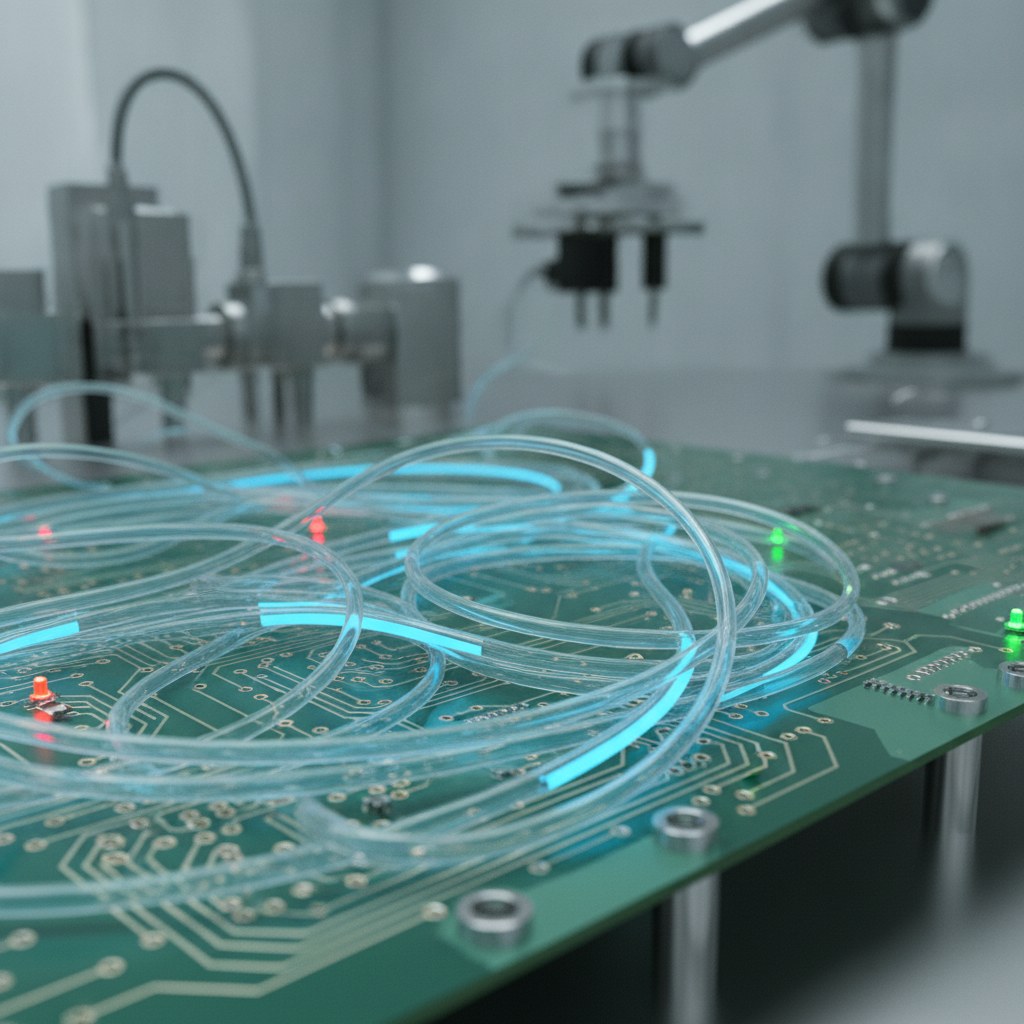 Photorealistic industrial website image for custom etfe tubing: battery electrolyte micro routing with custom ETFE tubing, no text, no logo, no watermark