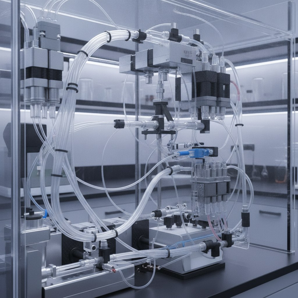 Photorealistic industrial website image for custom etfe tubing: laboratory automation routing with custom ETFE tubing, no text, no logo, no watermark