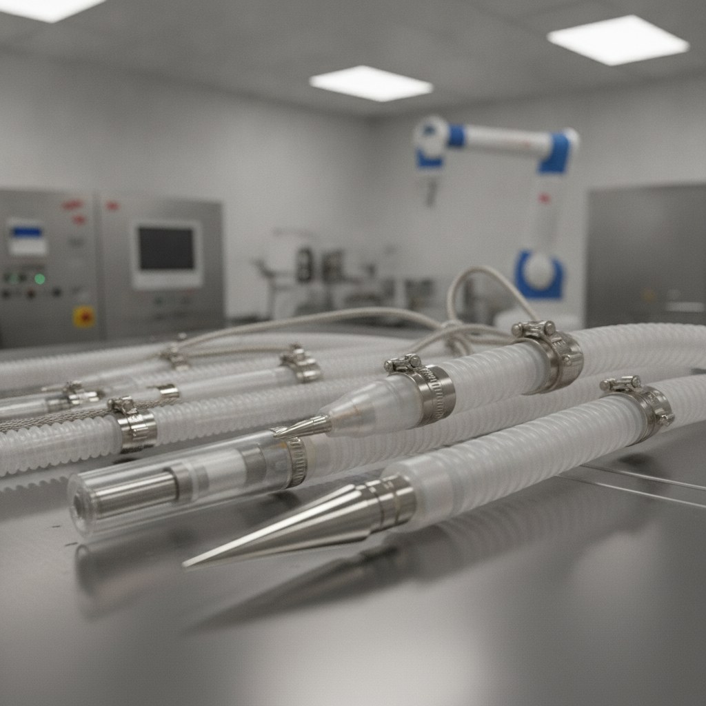 Photorealistic industrial website image for custom etfe tubing: sensor and probe assemblies protected with ETFE tubing, no text, no logo, no watermark