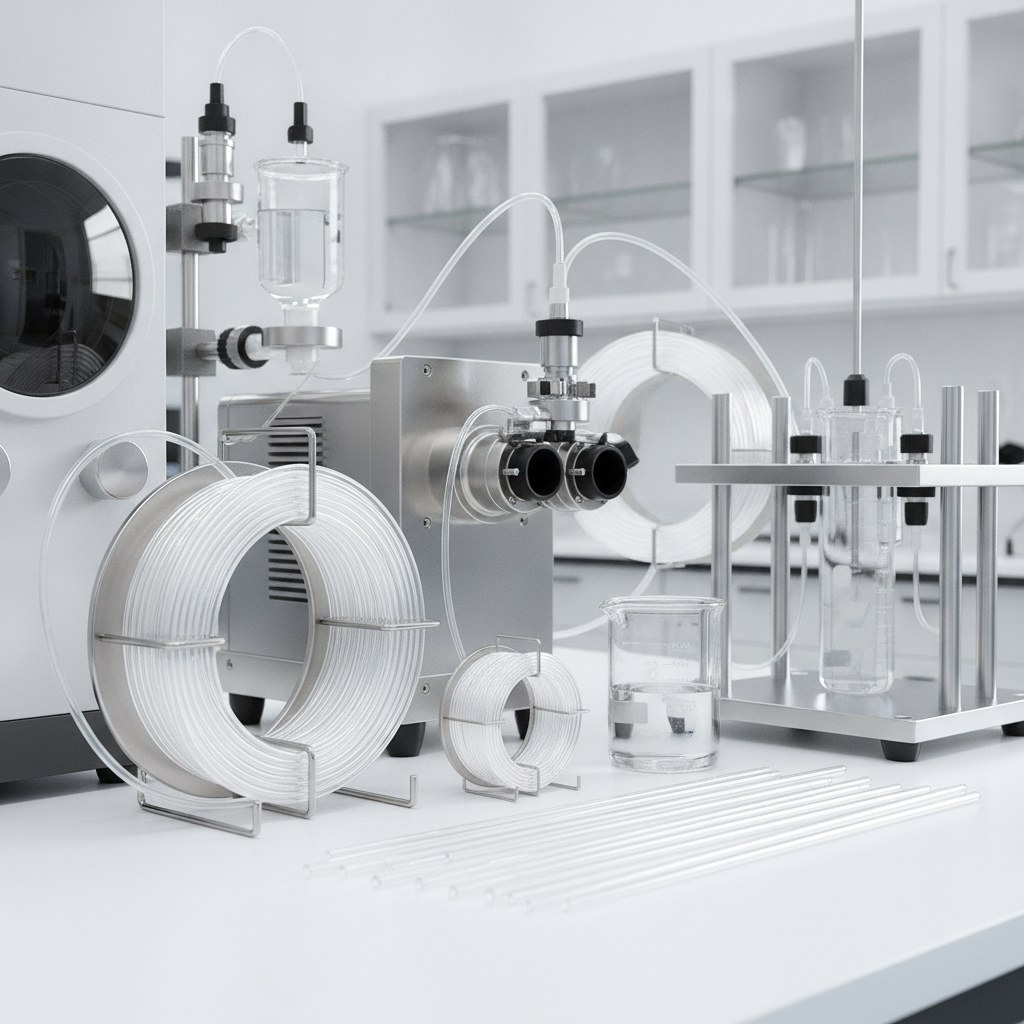 Photorealistic industrial website image for custom etfe tubing: custom ETFE tubing coils and cut lengths arranged in clean laboratory instrumentation, no text, no logo, no watermark