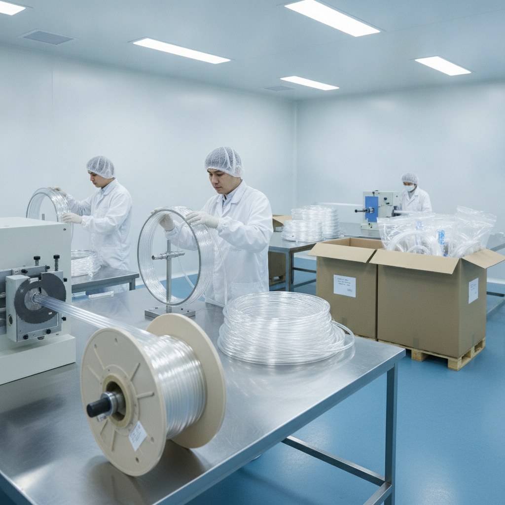Photorealistic industrial website image for custom etfe tubing: clean cutting coiling and packing of ETFE tube sets, no text, no logo, no watermark