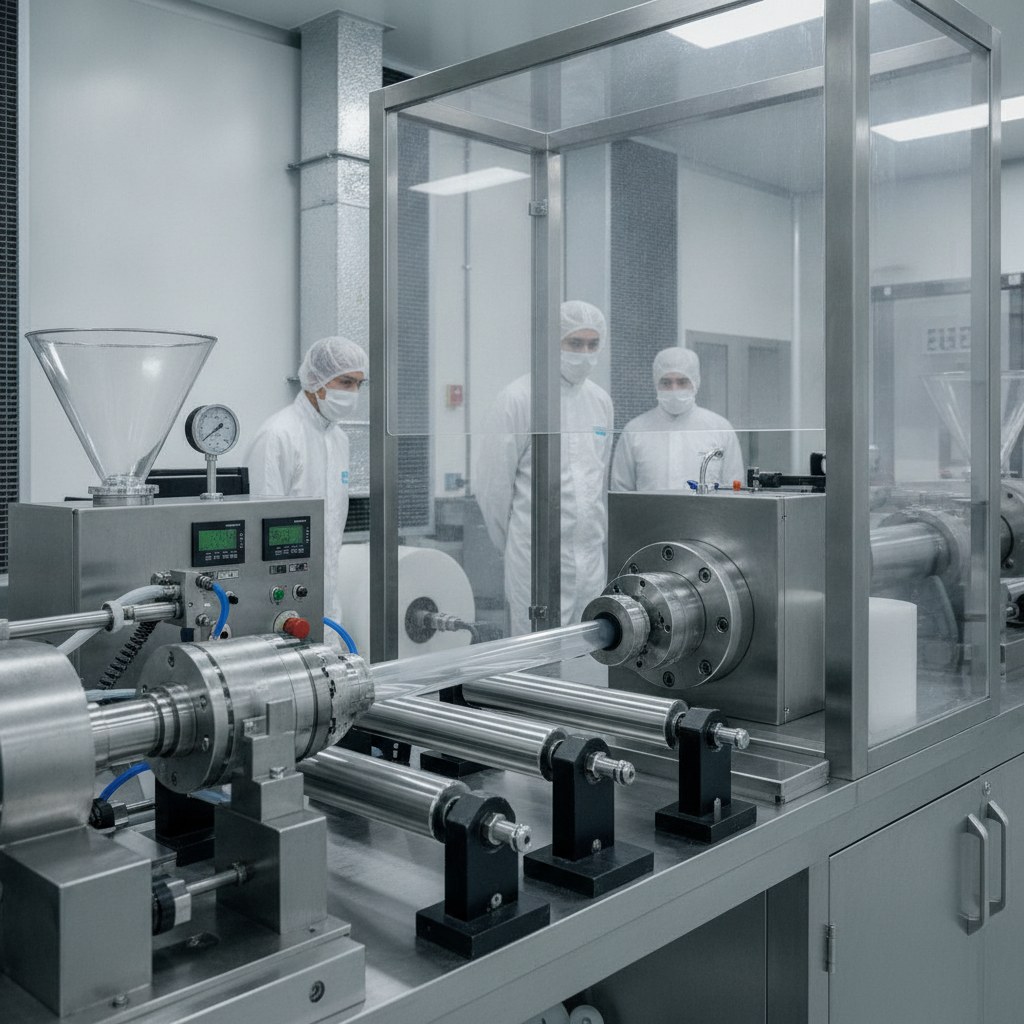 Photorealistic industrial website image for custom etfe tubing: controlled ETFE tubing extrusion process in clean production area, no text, no logo, no watermark