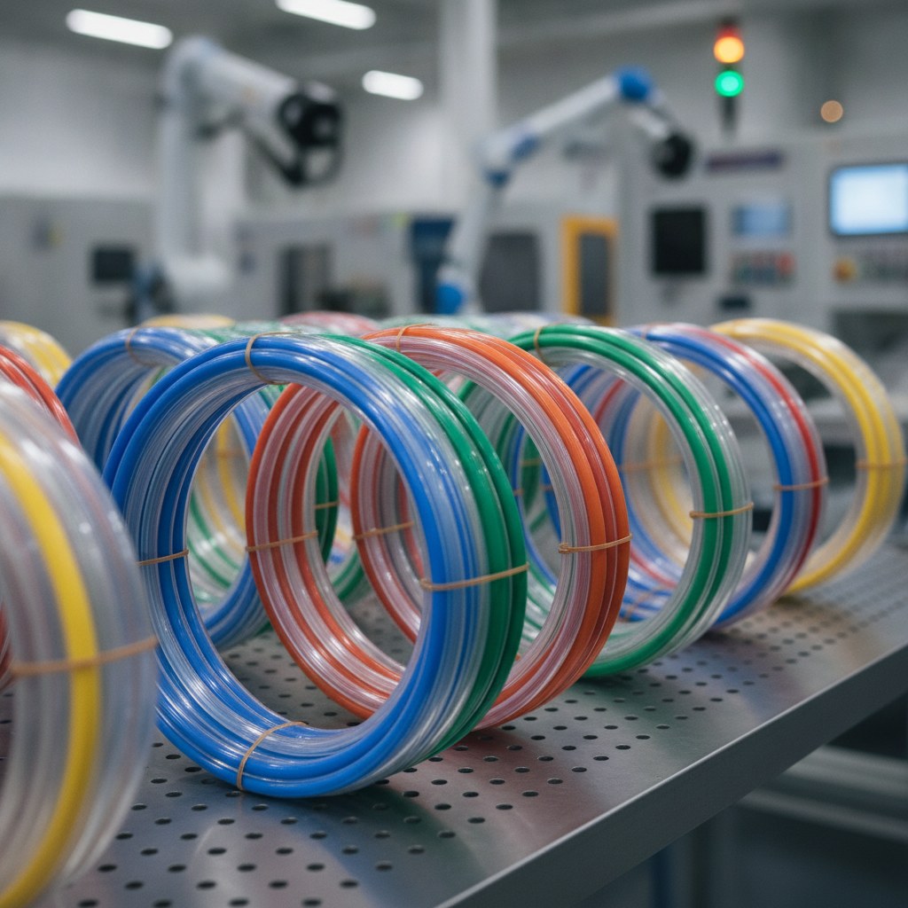 Photorealistic industrial website image for custom etfe tubing: color coded ETFE tubing for line identification, no text, no logo, no watermark