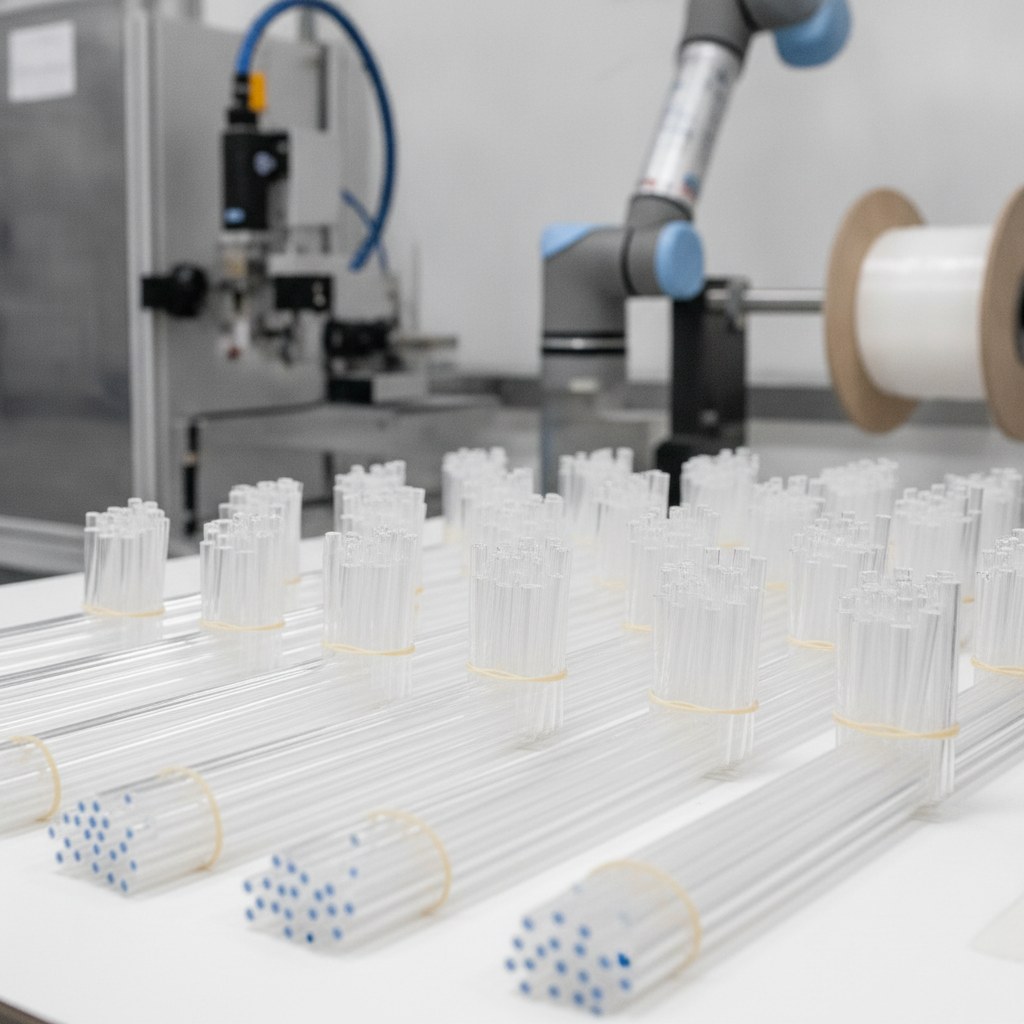 Photorealistic industrial website image for custom etfe tubing: custom cut ETFE tube sets prepared for OEM assembly, no text, no logo, no watermark