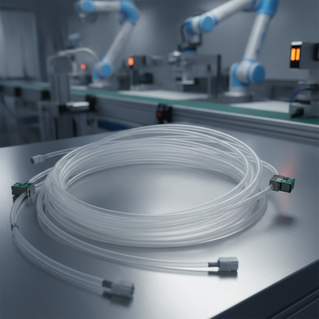 Photorealistic industrial website image for custom etfe tubing: thin wall ETFE tubing for lightweight OEM assemblies, no text, no logo, no watermark